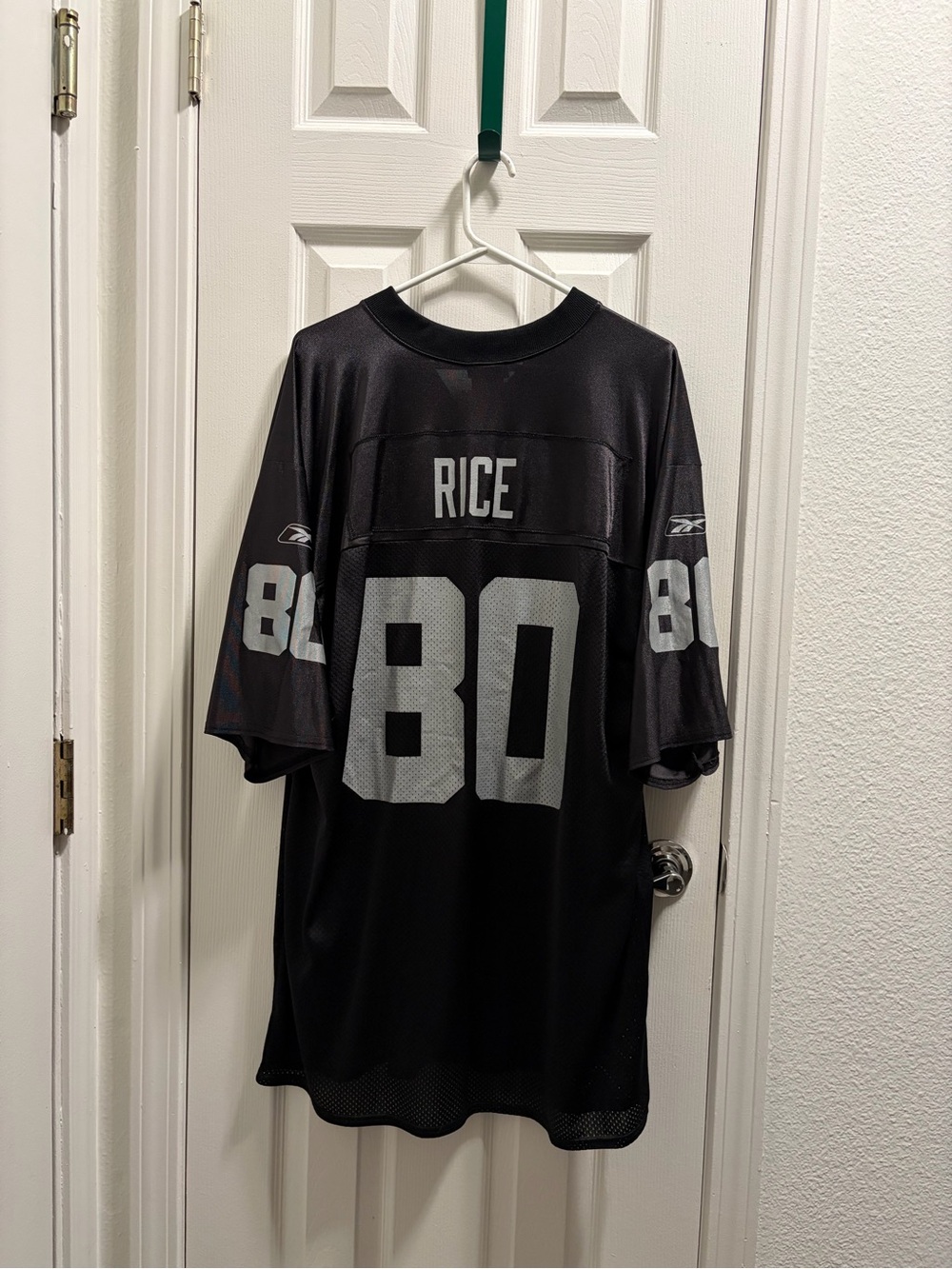 Reebok Men’s Black Football Jersey #80 RICE with Silver Numbers
